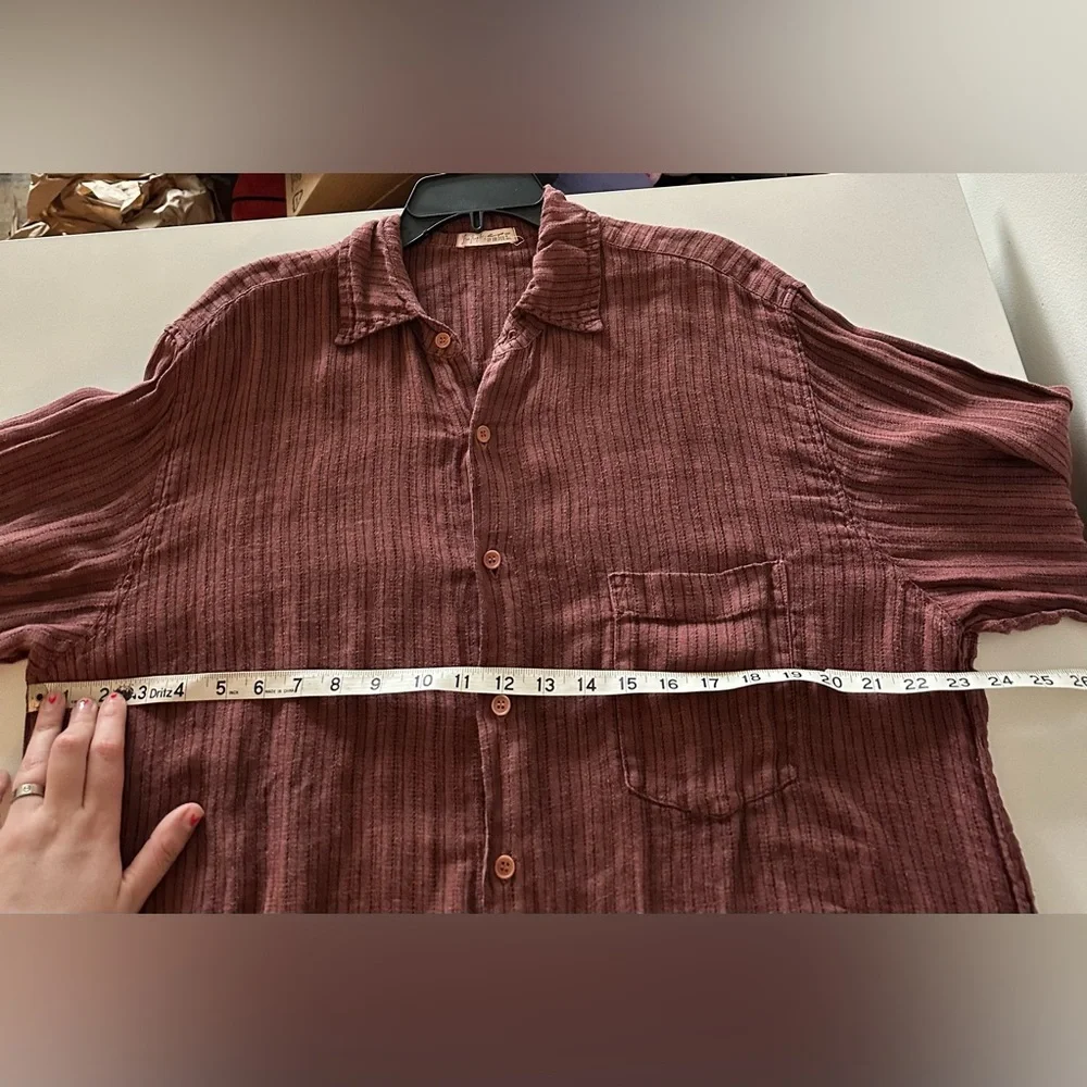 CP Shades Free People Burgundy Pinstripe Linen Tunic Striped Button Top L - Picture 2 of 5